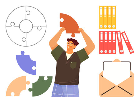 Person holding a puzzle piece overhead, surrounded by loose and complete puzzles, folders, and an envelope. Ideal for teamwork, creativity, organization, problem-solving, strategy educationのイラスト素材