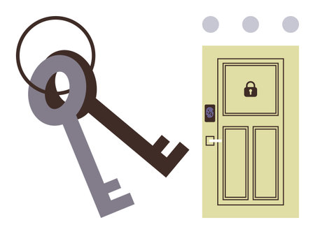 Two keys on a keyring beside a locked door with a keypad and security lock. Ideal for security, access, privacy, protection, home safety, technology, trust, simple flat metaphorのイラスト素材