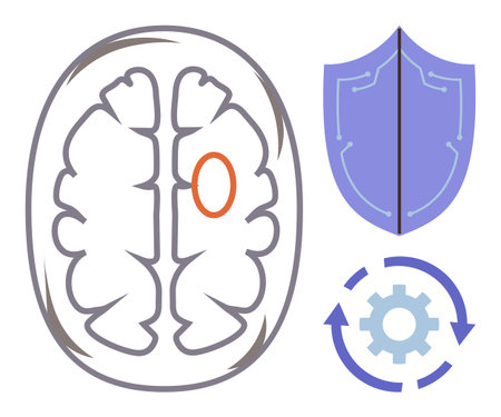 Brain outline with colored highlight, shield for protection, circular arrows with gear for adaptation. Ideal for mental health, neuroscience, security, resilience, adaptability, therapy personalのイラスト素材
