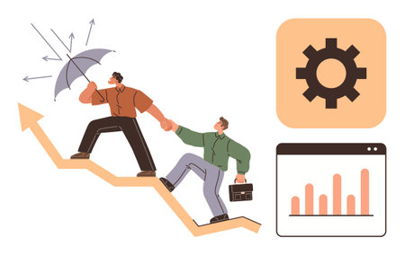 Two professionals ascend an arrow-shaped path symbolizing growth, with one using an umbrella to shield risks. Includes a gear for innovation and a chart for analytics. Ideal for leadership, teamworkのイラスト素材