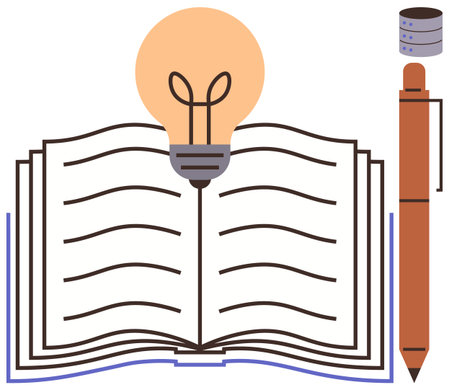 Open book with glowing light bulb, pen, and stack icon representing knowledge, innovation, writing, and technology. Ideal for education, creativity, writing research learning tech simple landingのイラスト素材