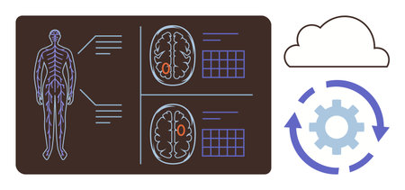 Human anatomy diagram with brain scans, labeled details, cloud, and gear with arrows representing data synchronization and automation. Ideal for healthcare, AI, technology, innovation, data scienceのイラスト素材