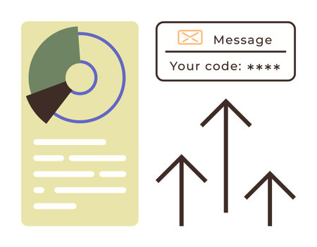 Pie chart with text lines, secure code alert, and three upward arrows for progress. Ideal for business growth, security, analytics, communication, development planning and success. Clean flatのイラスト素材