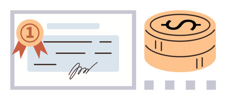 Certificate with ribbon highlighting achievement and stacked coins symbolizing wealth or value rewards. Ideal for accomplishment, finance, certification, motivation, achievement, education, goalsのイラスト素材