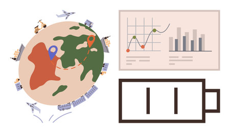 Earth with transport routes, vehicles, cargo, energy bars symbolizing consumption, charts presenting growth. Ideal for trade, energy, environment, technology sustainability business economyのイラスト素材