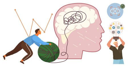 Person untangling ball of yarn near brain silhouette, another holding glowing innovation lightbulb....