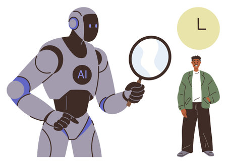 AI robot holding magnifying glass facing a man, exploring machine learning, technology ethics, data analysis, innovation, artificial intelligence, human collaboration, simple flat metaphorのイラスト素材