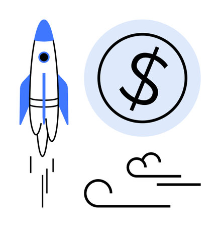 Rocket ascends beside dollar sign and stylized wind lines, symbolizing progress, economic growth, and innovation. Ideal for startups, investments, financial success, entrepreneurship, technologyのイラスト素材