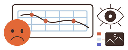 Chart with downward line, sad face, visual elements thumbs up an eye, and legend. Ideal for analytics, performance, emotion, feedback, depression research simple flat metaphorのイラスト素材