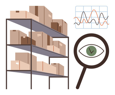 Packaging boxes on steel warehouse shelves, analytical data chart, and magnifying glass focus graphic. Ideal for inventory management, logistics, supply chain, analytics, monitoring, shippingのイラスト素材
