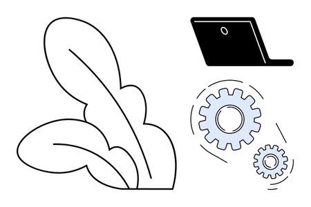 Leaves, gears, and a laptop symbolize eco-technology, innovation, sustainable solutions, and environmental advancements. Ideal for green energy, sustainability, technology growth natureのイラスト素材