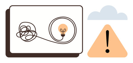 Tangled line leading to lit lightbulb symbolizing ideas with caution triangle and cloud. Ideal for...