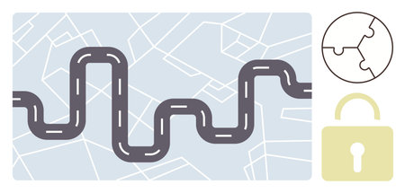 Curved road over abstract map representing navigation and planning, accompanied by puzzle and lock icons symbolizing security, problem-solving, and strategy. Ideal for navigation, planningのイラスト素材