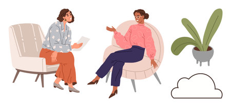 Two women seated on stylish armchairs, one holding papers, talking in a relaxed setting with a potted plant and abstract cloud decor. Ideal for communication, counseling, teamwork, collaborationのイラスト素材