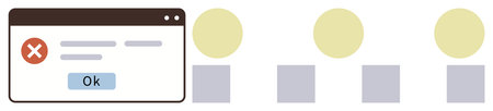 Pop-up window with error symbol and Ok button alongside stylized user avatars in a flat design....