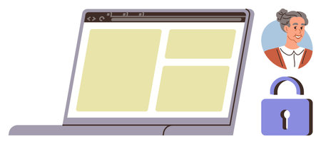 Laptop screen displaying web layout, user profile photo, and padlock icon indicating security. Ideal for online privacy, technology, user authentication, cybersecurity, elderly tech use, web designのイラスト素材