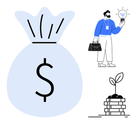 Large money bag with dollar sign, man holding light bulb representing ideas, and plant sprouting from coins. Ideal for finance, savings, startup mindset, entrepreneurship, investing, innovationのイラスト素材