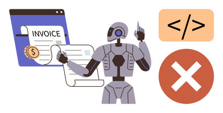 AI robot reviews digital invoices alongside code symbol and error icon. Ideal for finance, automation, AI, programming, error handling, innovation, and tech concepts. Simple flat metaphorのイラスト素材