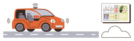 Self-driving car moving on road with sensors, connected to dashboard analysis and cloud. Ideal for technology, innovation, AI, transportation, automation, IoT smart cities. Simple flat metaphorのイラスト素材