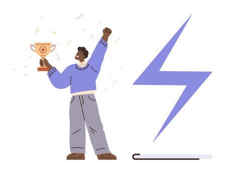Person raising trophy in celebration, lightning bolt symbolizing energy, mood, power, success, personal growth. Ideal for achievement, motivation, energy progress winning empowerment simple flatのイラスト素材