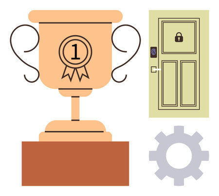 Golden trophy on pedestal signifies success, locked door represents challenges, cogwheel symbolizes problem-solving. Ideal for motivation, goal setting, innovation, teamwork, productivityのイラスト素材