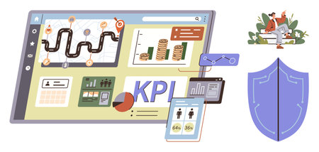 Dashboard displays KPI metrics, financial graphs, task progress, and data security shield. Ideal for analytics, teamwork, strategy, finance organization security workflow. Simple flat metaphorのイラスト素材
