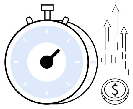 Stopwatch with a coin and upward arrows suggesting time efficiency, productivity, financial growth, and success. Ideal for business, finance, time management, productivity, efficiency economicのイラスト素材
