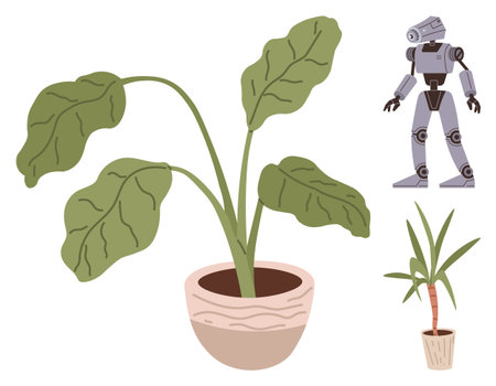 Green potted plants paired with a humanoid robot explore harmony between nature and technology. Ideal for innovation, sustainability, science fiction, eco-futurism, AI, robotics, environmentalのイラスト素材