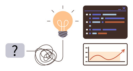 Question mark linked to tangled path, leading to bright lightbulb, coding window, and ascending graph. Ideal for problem-solving, innovation, strategy, development growth analytics clarity. Simpleのイラスト素材