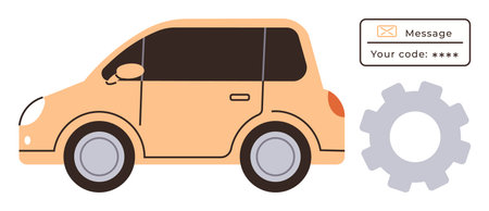 Orange car with a large gear and security code message, representing innovation in tech, mobility, safety, software integration, modern engineering, transportation security, easy user accessibilityのイラスト素材