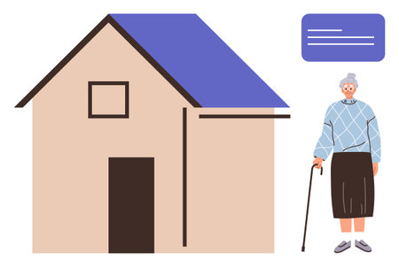 Elderly woman with cane next to house. Text bubble above. Ideal for aging, home care, housing, retirement planning, independence, security and support concepts. Simple flat metaphorのイラスト素材