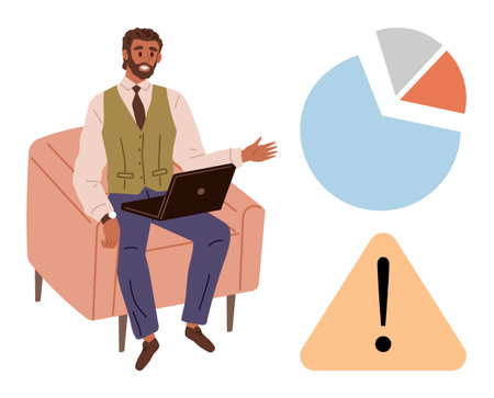 Professional seated with laptop, pie chart, and caution sign indicating focus on data analysis, risk assessment, communication. Ideal for teamwork, strategy, business insight, conference themesのイラスト素材