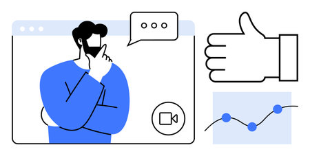 Man with thoughtful posture inside browser window, chat bubble, video call icon, thumbs-up and analytics chart. Ideal for remote communication, brainstorming, decision-making, feedback, teamworkのイラスト素材