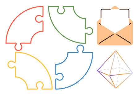 Four interconnected puzzle pieces forming a circle, open envelope with paper, geometric prism. Ideal for teamwork, communication, organization, problem-solving, education creativity minimalism. Aのイラスト素材