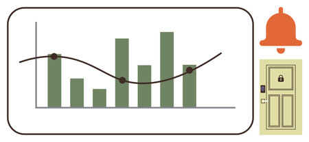 Bar chart and line graph indicating data trends. Accompanied by alert bell and locked door icon for insights, security monitoring, notifications. Ideal for analytics, safety, automationのイラスト素材