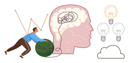 Man untangling string near stylized human brain with tangled lines inside and light bulbs symbolizing ideas. Ideal for mental clarity, creativity, problem-solving, brainstorming, innovationのイラスト素材