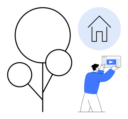Stylized tree with round shapes, man holding digital content player, and a home symbol in a blue circle. Ideal for technology, environment, housing, education, digital media, sustainability simpleのイラスト素材