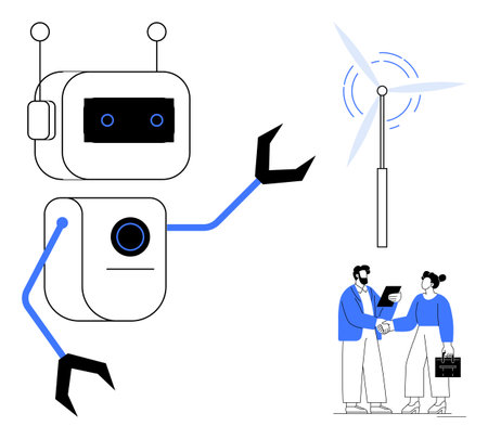Robot gestures towards wind turbine as two professionals shake hands. Ideal for technology, renewable energy, sustainability, innovation, AI integration, collaboration, futuristic partnershipsのイラスト素材