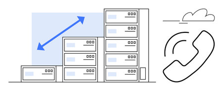 Server racks increasing in size, upward arrow, cloud, call icon. Ideal for technology, cloud computing, scalability, telecommunication IT solutions network growth and innovation. Clean flatのイラスト素材