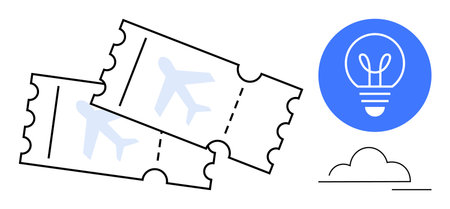 Two flight tickets with airplane icon, bright lightbulb in a blue circle, minimal cloud line. Ideal for travel, creativity, innovation, exploration, startup concepts, inspiration simple landing pageのイラスト素材