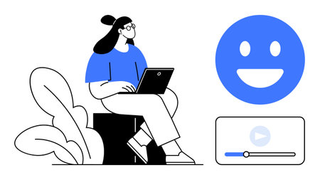 Woman seated with a laptop, surrounded by minimalist plants, near a vibrant happy face icon and video player. Ideal for productivity, positivity, technology, work-life balance, streaming, onlineのイラスト素材