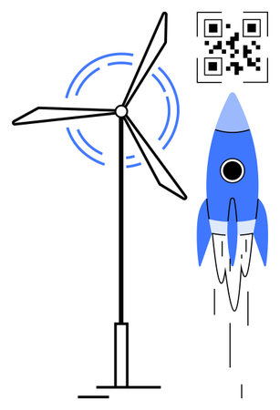 Wind turbine spins generating energy alongside a QR code and ascending rocket symbolizing innovation. Ideal for technology, sustainability, energy, startups, progress, innovation, eco-futurismのイラスト素材