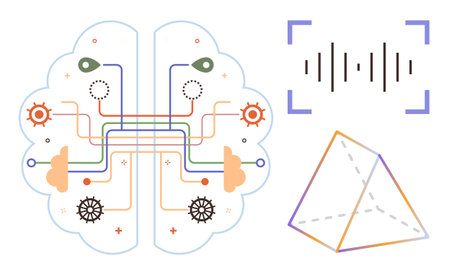 Brain diagram with interconnected circuits, soundwave for AI or neural network, and triangular prism. Ideal for technology, AI, neural interface, innovation, creativity, education abstractのイラスト素材