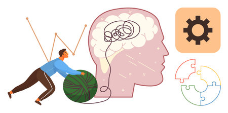 Man pushing ball of yarn untangling brain confusion, connected to solution concepts. Ideal for problem solving, mental clarity, creativity, psychology, productivity, mind process personal growth. Aのイラスト素材