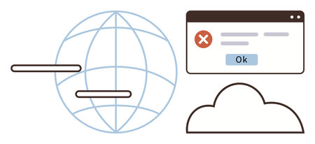 Globe, cloud, and browser window with error indicate connectivity, server issues, or digital disruptions. Ideal for communication, internet, troubleshooting, cybersecurity IT error messages simpleのイラスト素材