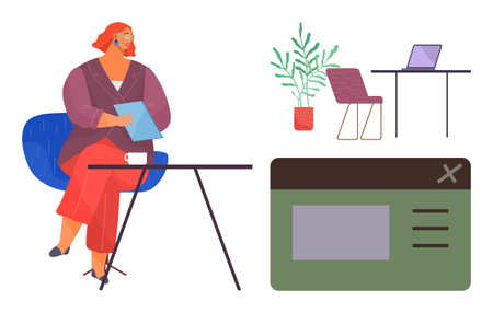 Woman sitting on chair with notes, coffee cup on table, nearby desk with laptop and plant. Ideal for workspace, productivity, office culture, minimalism, remote work, organization simple landingのイラスト素材