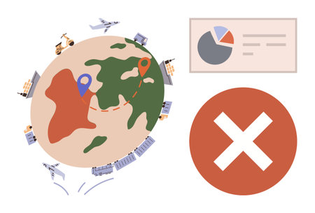 Globe with transport modes, location markers, data chart, red error sign. Ideal for logistics, supply chain, shipping, global business data analysis challenges problem-solving. Simple flatのイラスト素材