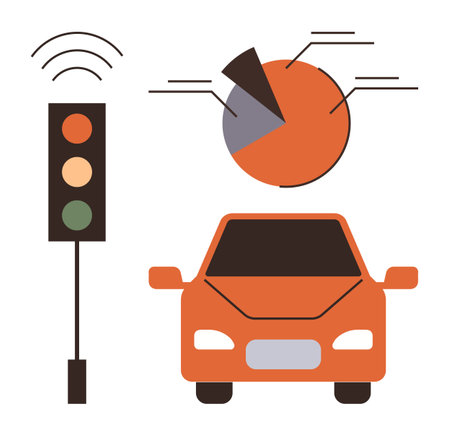 Car near traffic light with wireless signal and pie chart of data insights. Ideal for technology, transport, innovation, data analysis, smart systems, AI, urban planning. Simple flat metaphorのイラスト素材