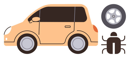 Side view of a compact car, spare tire, and bug symbolizing vehicle maintenance, repair, and safety. Ideal for transport, auto service, troubleshooting, security mobility innovation simple flatのイラスト素材