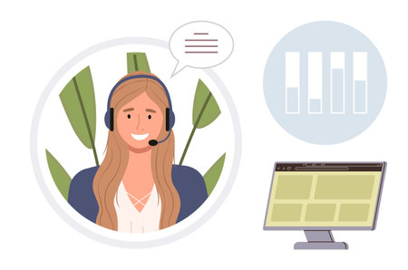 Smiling woman wearing a headset, speech bubble, computer screen with bar charts. Ideal for communication, customer service, online help, remote work, virtual interaction, tech support simple flatのイラスト素材